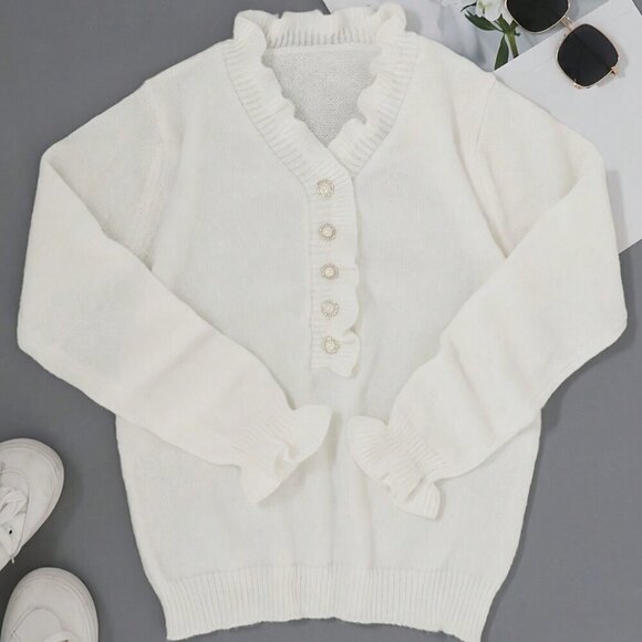 White Casual Women's Autumn/Winter Solid Color Frilled Edge V-Neck Sweater - Picture 6 of 6